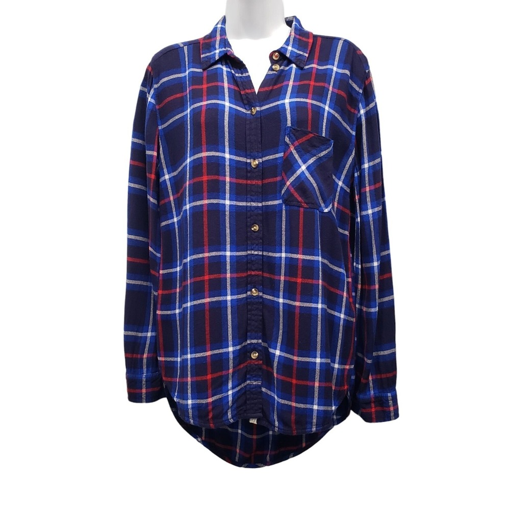 American Eagle Womens M Flannel Shirt Boyfriend Fit Blue Plaid Skater Cowgirl